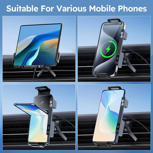 Wireless Car Phone Mount, 15W Fast Charging Auto-Rotating Holder with Foldable Design, Compatible with iPhone and Smartphone Devices, Silver (silver)