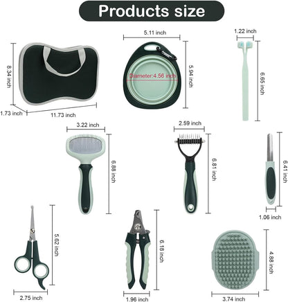 PetsBuzz® 8 Brushes Dog Grooming Kit Bag Deshedding Brush massage and Flea Brush, Nail Clipper and Nail File and Toothbrush with Collapsible dog Bowl for dogs and cats