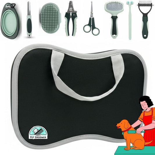 PetsBuzz® 8 Brushes Dog Grooming Kit Bag Deshedding Brush massage and Flea Brush, Nail Clipper and Nail File and Toothbrush with Collapsible dog Bowl for dogs and cats