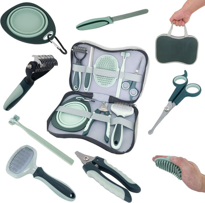 PetsBuzz® 8 Brushes Dog Grooming Kit Bag Deshedding Brush massage and Flea Brush, Nail Clipper and Nail File and Toothbrush with Collapsible dog Bowl for dogs and cats